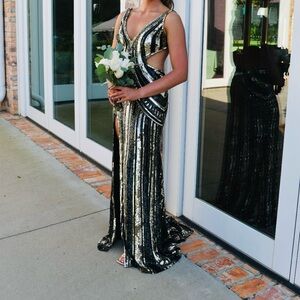 Scala Black and Gold Sequin Prom Dress